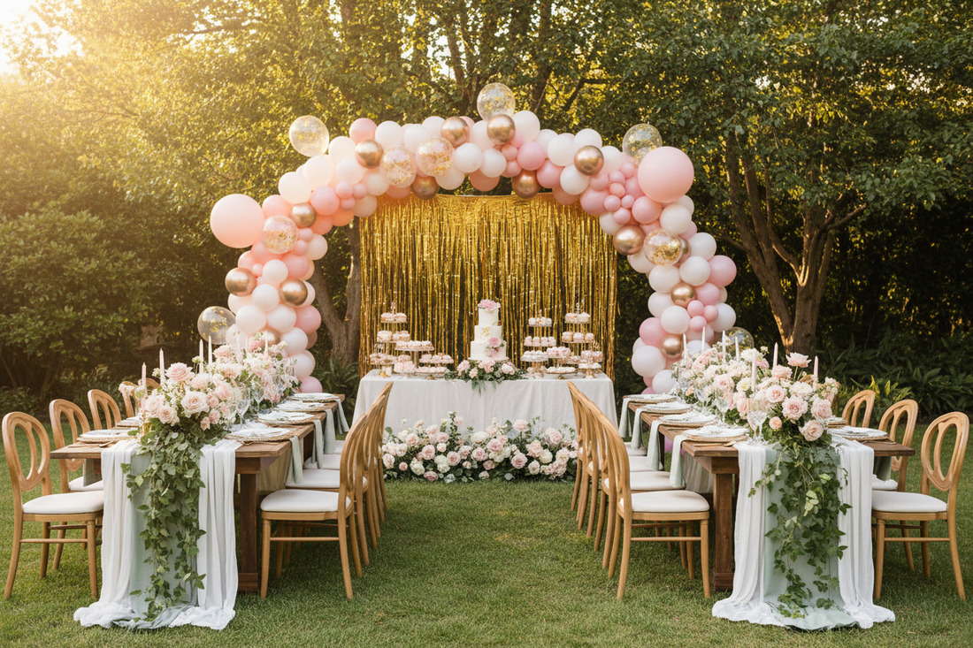 Elegant outdoor summer bridal shower decorated with blush balloon garland arch, floral centerpieces, and gold fringe curtain backdrop