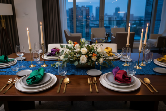 Professional party plates, cutlery, and napkins creating a sophisticated atmosphere for home banquets, by Joycraft.