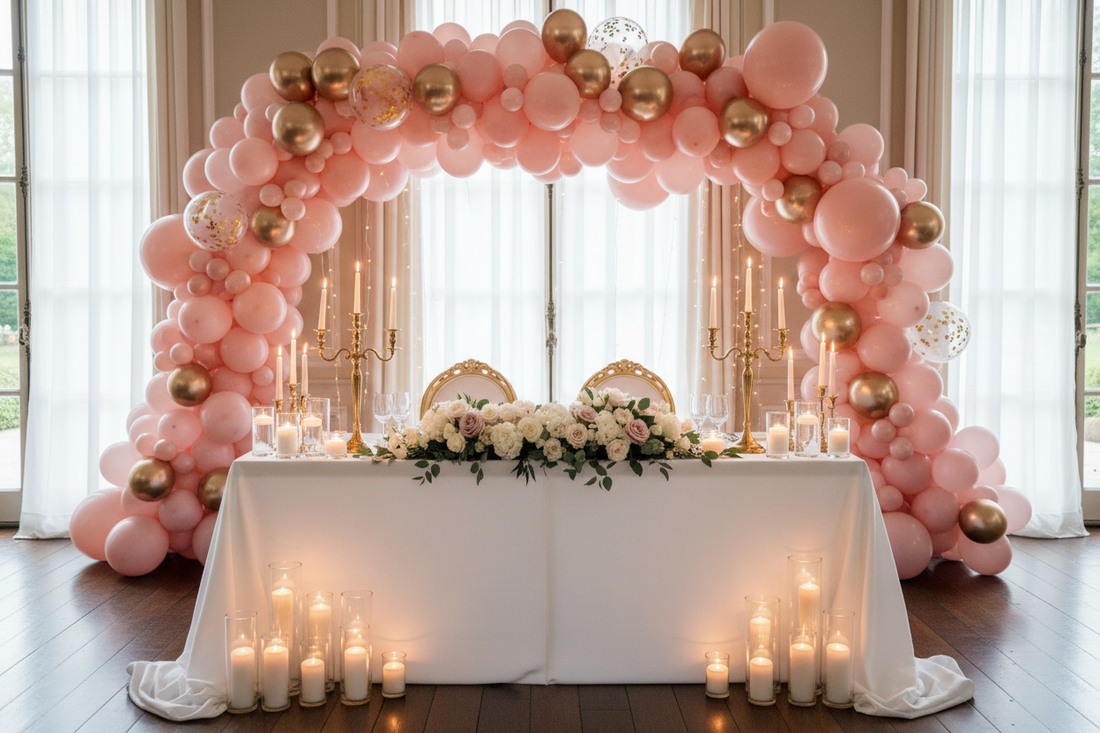 Elegant wedding reception setup with blush and gold balloon arch behind a sweetheart table, soft candlelight and white linens