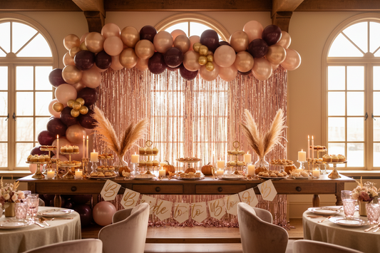 Fall bridal shower decorations featuring a balloon garland in burgundy, dusty rose, and gold above a styled dessert table with fringe curtain backdrop, personalized banner, and coordinated tableware