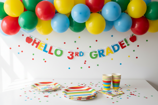 Back to school party decorations including balloon garland, personalized banner, and coordinated tableware in school colors