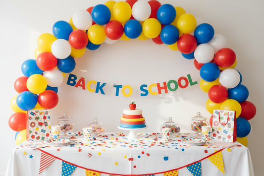 Back to school party decorations with balloon garland arch, letter banner, confetti, and themed tableware