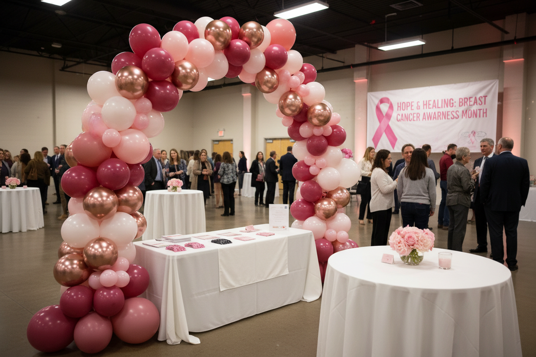 Pink balloon garland arch in deep rose, blush, and white for a Breast Cancer Awareness Month fundraiser event with rose gold foil accents