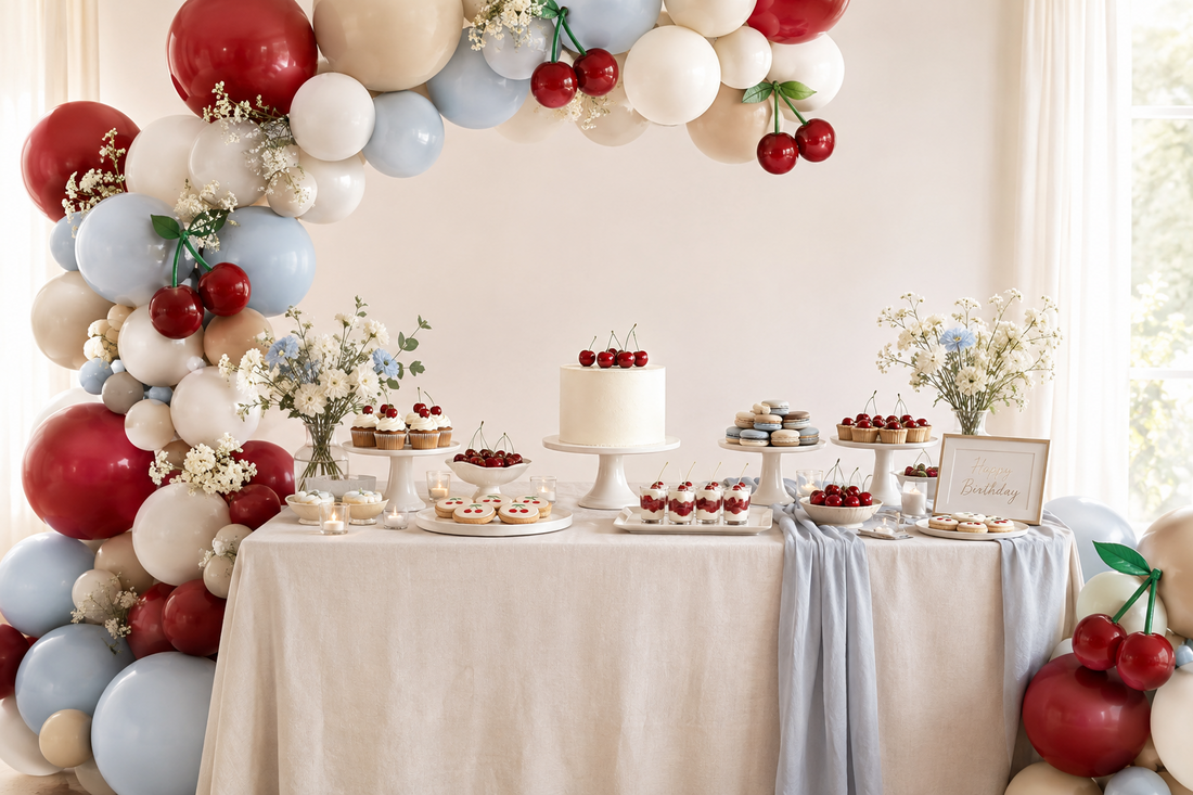 Ruby-red, dusty-blue, and ivory balloon garland framing a birthday cake table with cherry-pattern paper favor bags.