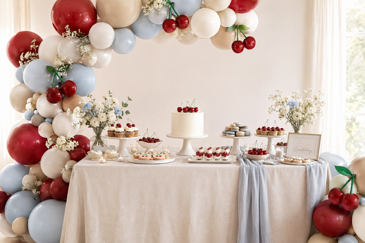 Ruby-red, dusty-blue, and ivory balloon garland framing a birthday cake table with cherry-pattern paper favor bags.