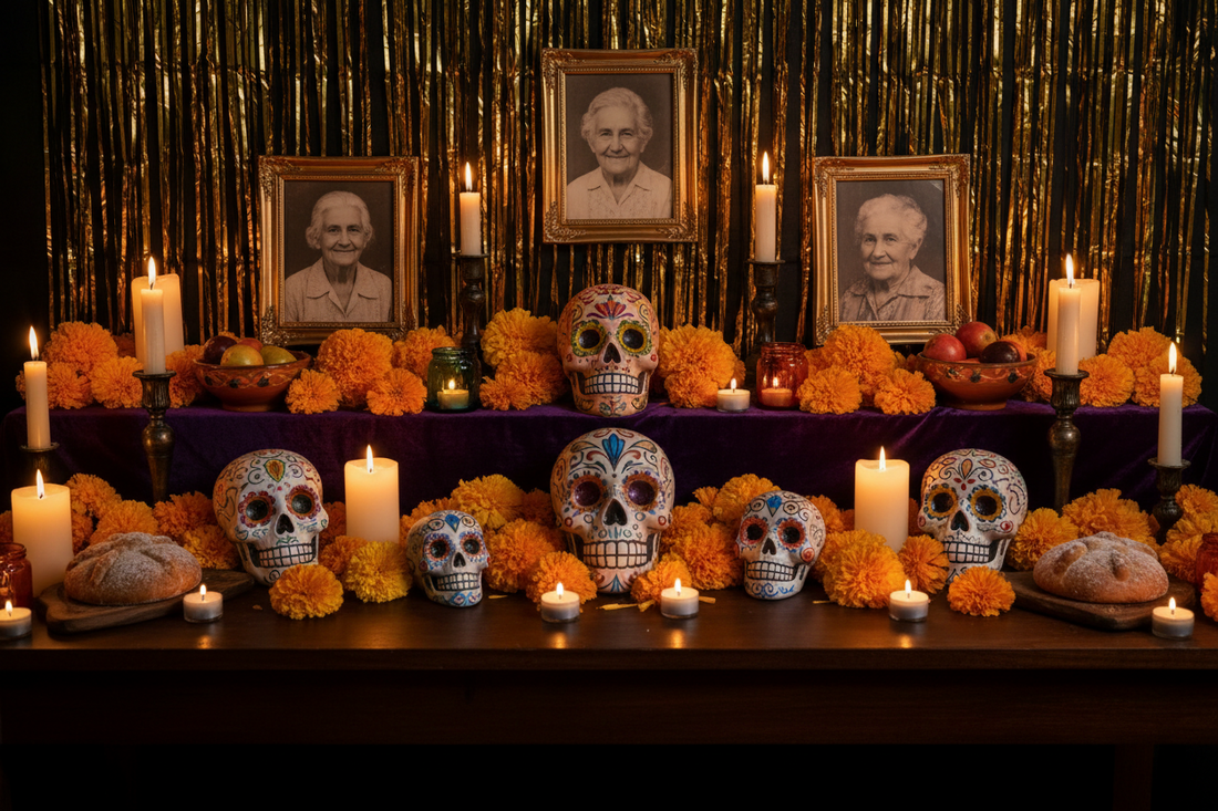Marigold and black fringe curtain backdrop for Día de los Muertos altar ofrenda setup