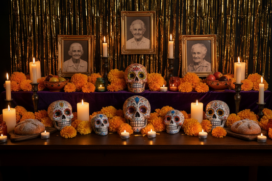 Marigold and black fringe curtain backdrop for Día de los Muertos altar ofrenda setup