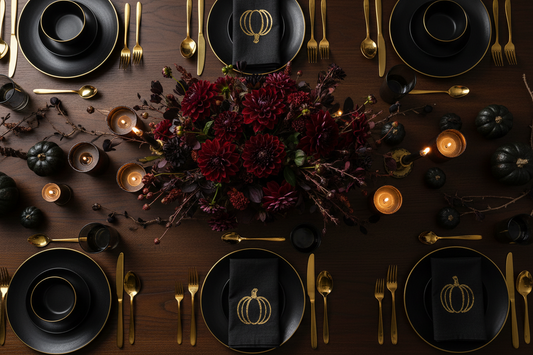 Black and gold tableware set for Halloween dinner party with matte plates, gold cutlery, and foil napkins
