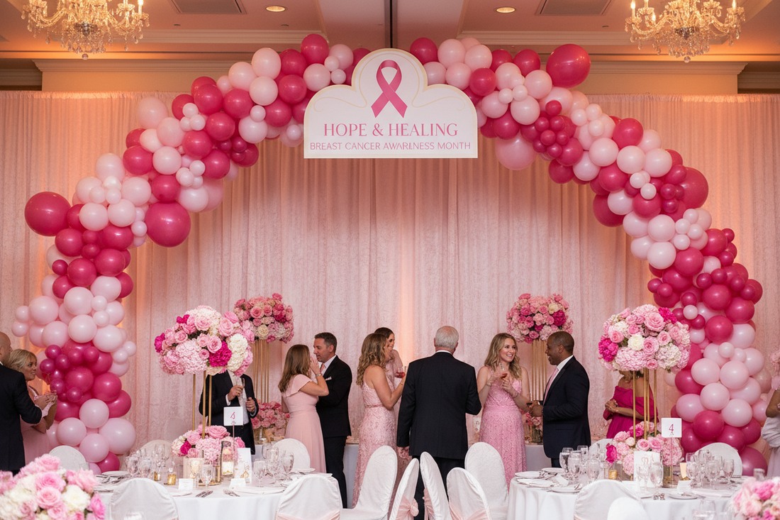 Pink balloon garland arch for Breast Cancer Awareness Month fundraiser event with rose blush and white balloons