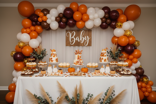 Fall baby shower balloon garland arch in pumpkin orange, wine red, and gold leaf foils over a styled dessert table for an October celebration