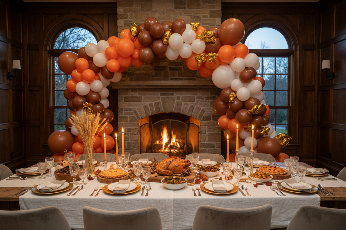 Thanksgiving balloon garland arch in pumpkin orange, wine red, and gold leaf foils over a harvest holiday dining table setup at home
