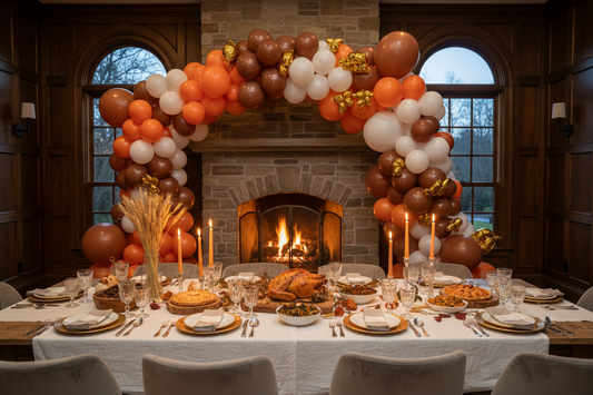 Thanksgiving balloon garland arch in pumpkin orange, wine red, and gold leaf foils over a harvest holiday dining table setup at home