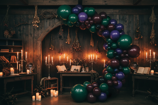 Witch-style Halloween balloon garland arch in dark green, navy, burgundy, purple, and black for a dramatic haunted party setup
