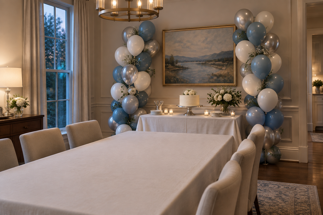 Dusty blue, ivory and silver balloons framing a cake table beside an elegant adult birthday dinner setting.