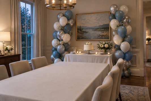Dusty blue, ivory and silver balloons framing a cake table beside an elegant adult birthday dinner setting.