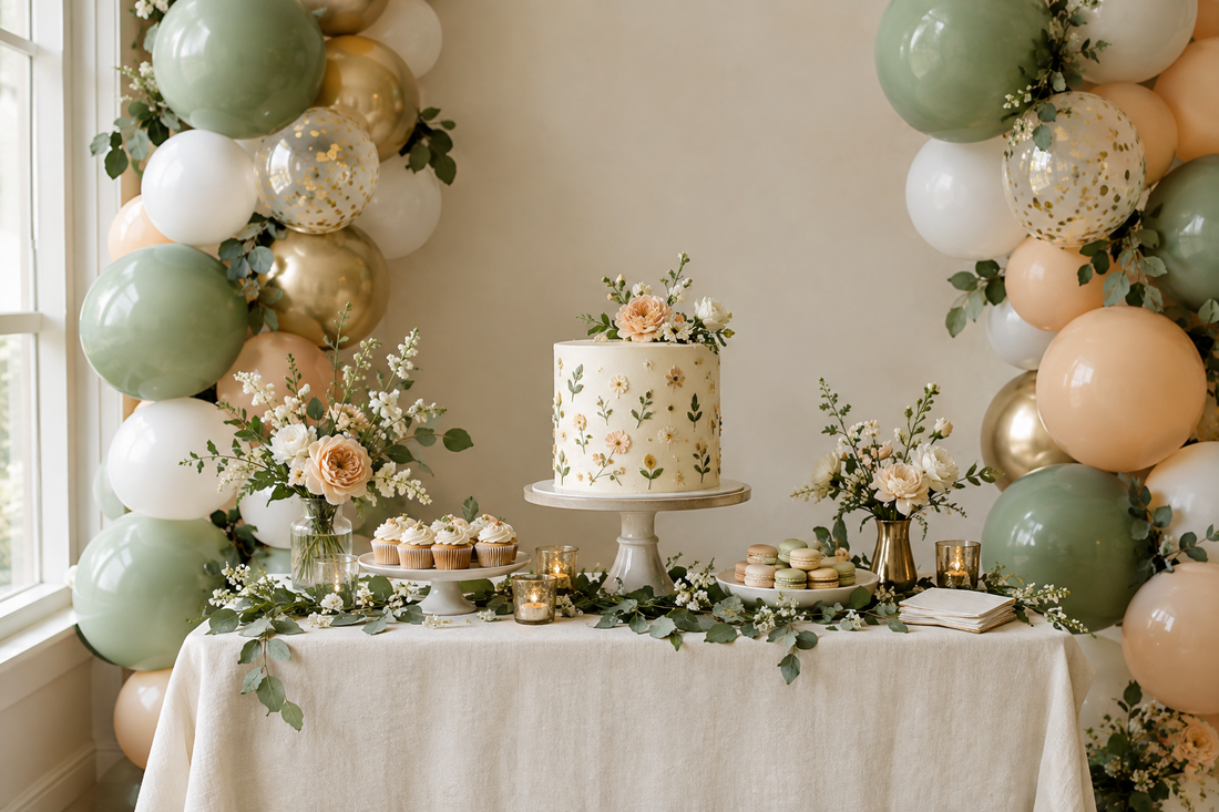 Sage green, white and apricot balloons with gold accents framing an ivory cake table for a botanical birthday.