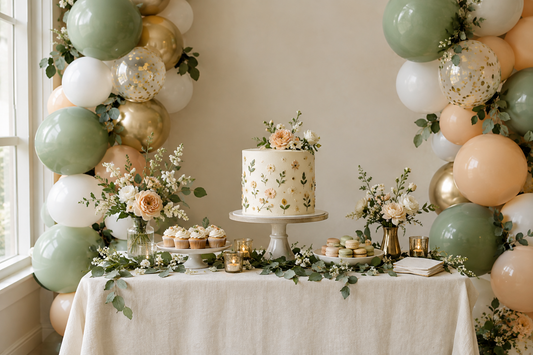 Sage green, white and apricot balloons with gold accents framing an ivory cake table for a botanical birthday.