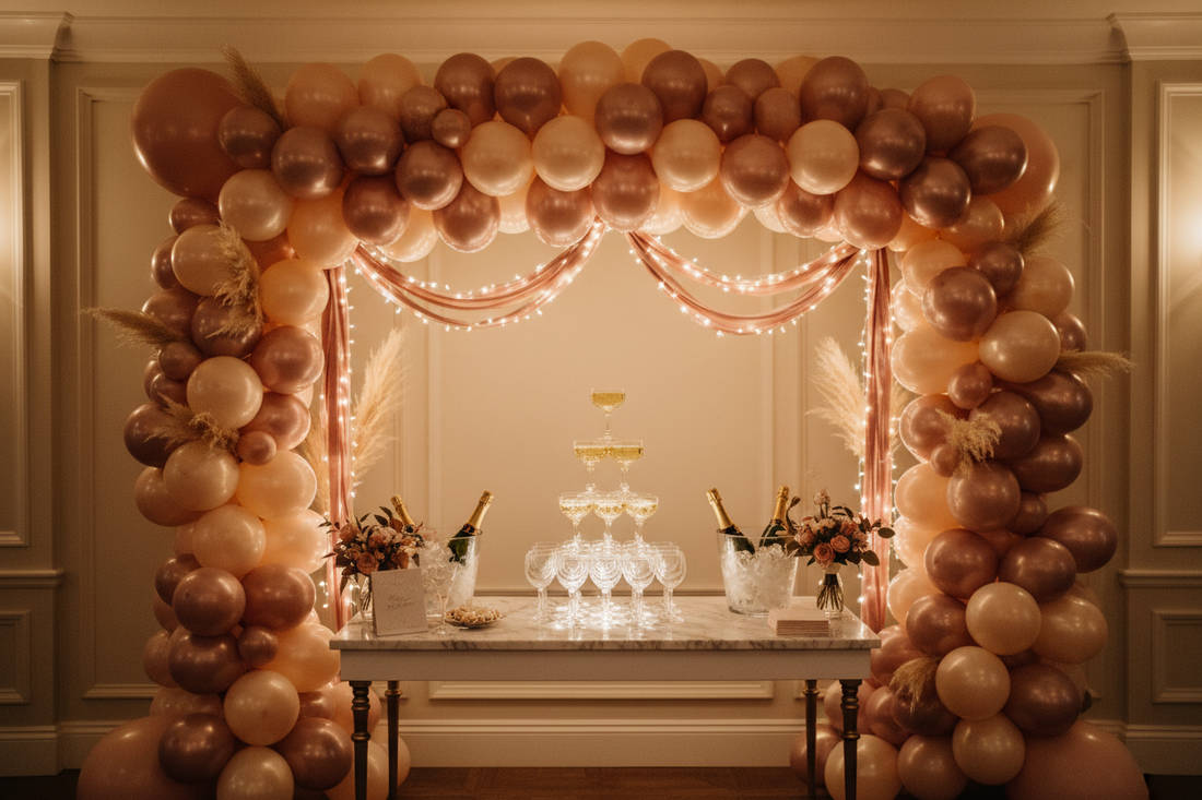 Layered rose gold shades balloon garland arch in blush mauve champagne and metallic rose gold behind an October bridal shower champagne bar with pampas grass and velvet ribbon