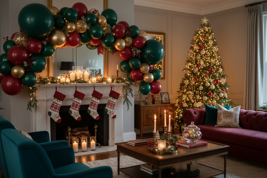 Dark emerald green red burgundy gold Christmas balloon garland arch above fireplace mantle with warm fairy lights and eucalyptus sprigs for early holiday party