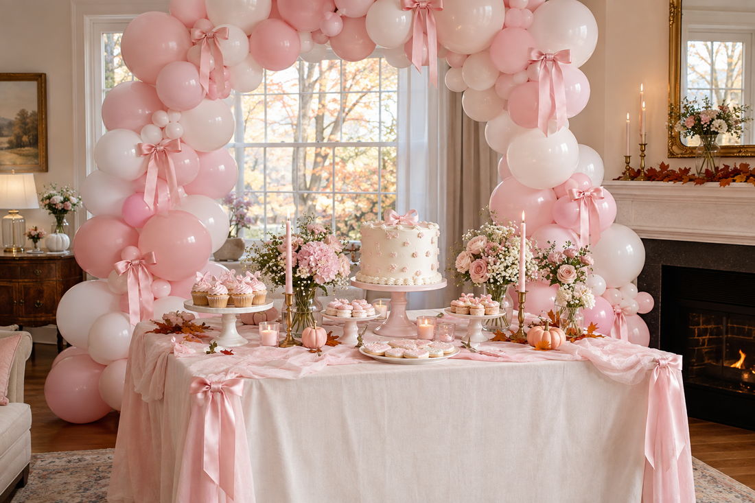 Pastel pink and white bow balloon garland framing an October birthday cake table