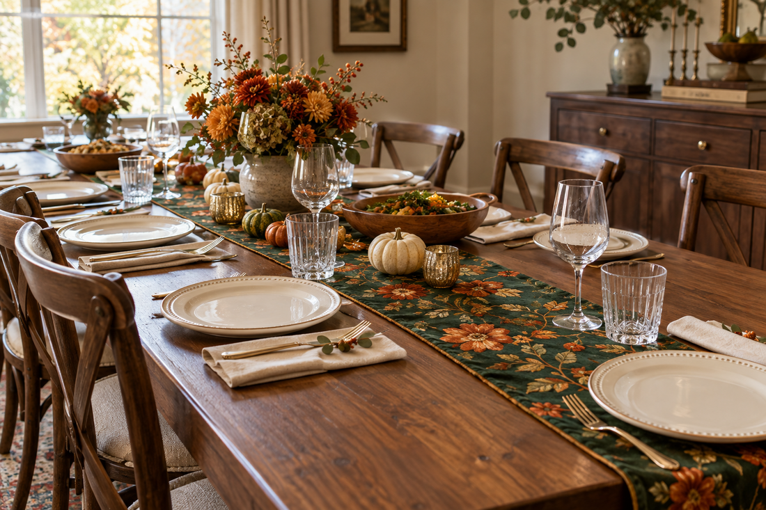 Green floral velvet table runner with orange blossoms on a wooden Thanksgiving table set with ivory plates.