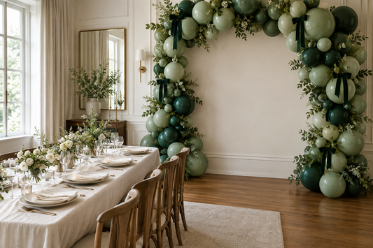 Emerald and dusty green balloon garland with dark-green ribbon bows beside an intimate engagement dinner table.