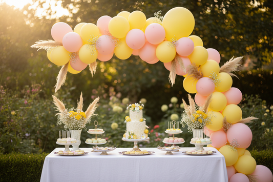 Pastel lemon yellow and baby pink balloon garland arch over fall baby shower dessert table with pampas grass and golden-hour natural light in outdoor garden venue