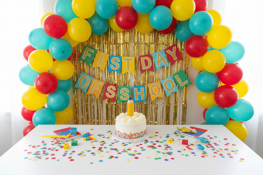 Colorful back to school party decoration setup featuring a balloon garland arch, gold fringe curtain backdrop, and personalized banner