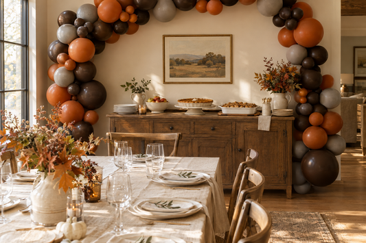 Brown and burnt orange balloon garland above a wooden dessert sideboard in a warm Friendsgiving dining room.