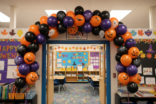 Halloween balloon garland kit in orange black and purple decorating a school classroom doorframe