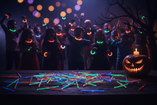 100 multi-color glow sticks for Halloween night party with kids wearing glow bracelets