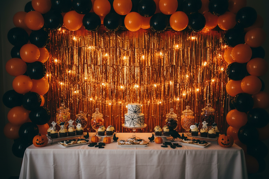 Orange metallic tinsel foil fringe curtain backdrop behind a Halloween party dessert table with warm string lights and black orange balloon cluster