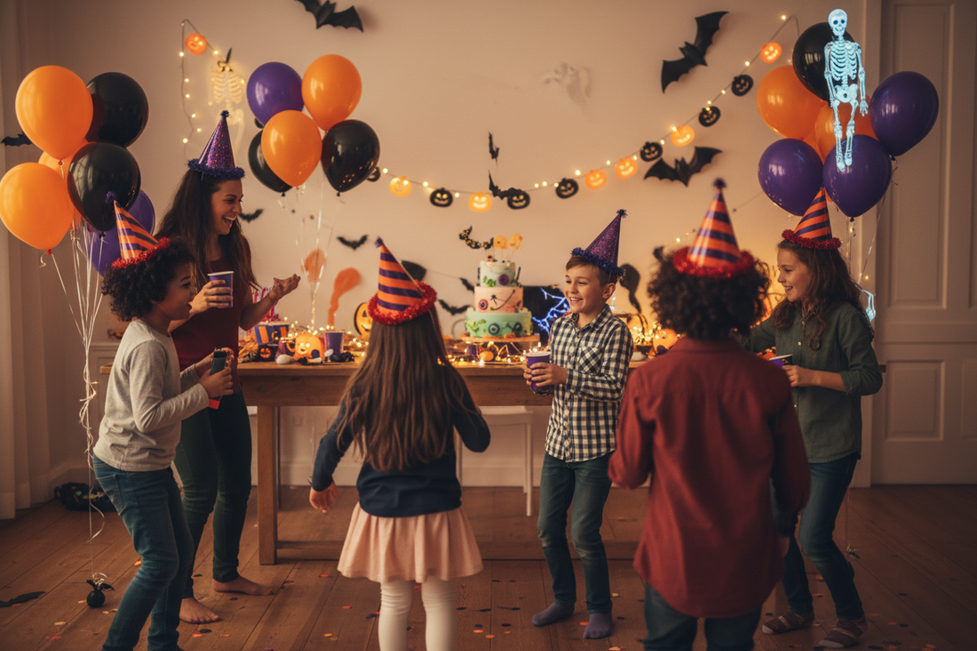 Halloween party hats in orange black and purple worn at a festive kids and adults Halloween party