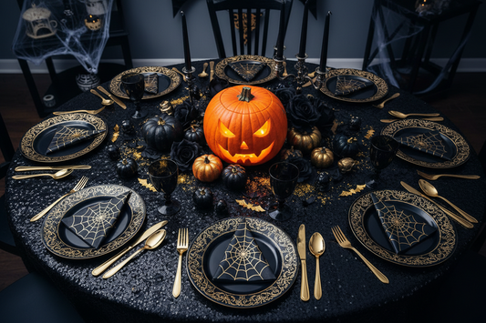 Halloween disposable tableware set with black gold plates napkins and cutlery on a styled party table