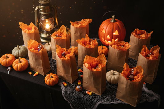 Halloween treat bags kraft paper party favor bags displayed on black table with pumpkins for trick-or-treat