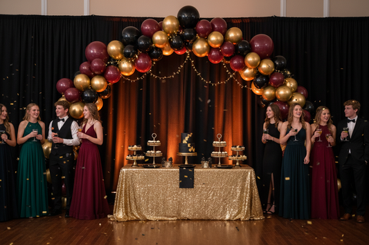 Burgundy black gold balloon garland arch for Homecoming dance venue with warm amber uplighting and gold string lights over a styled dessert table