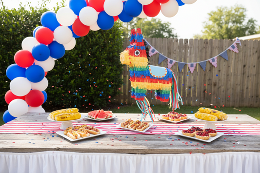 Labor Day backyard party decorations including red white and blue balloon garland, pinata, tablecloth, confetti, and bunting flags for an end-of-summer celebration