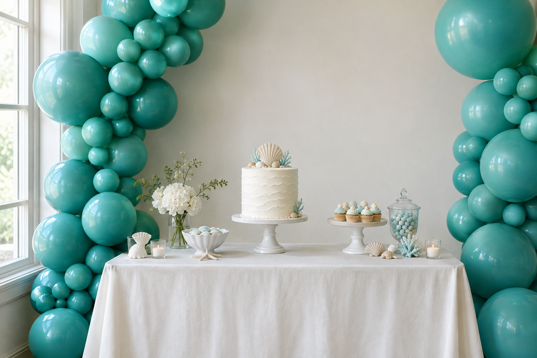 Teal linking balloon backdrop framing a mermaid birthday cake table with an ivory tablecloth and seashell cake topper.