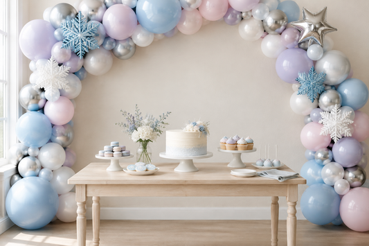 Pastel blue, lavender, pink and silver snowflake balloon garland framing a November birthday cake table.