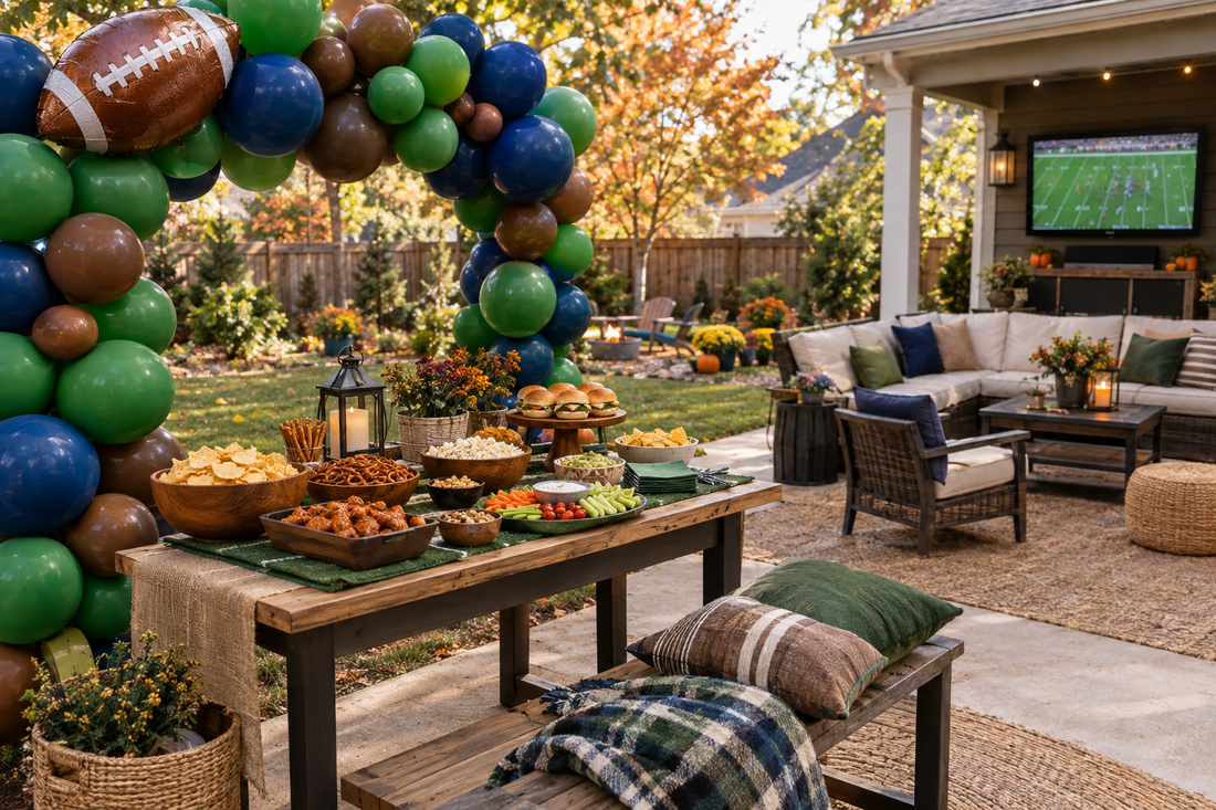 Football balloon garland framing a backyard game-day snack table in October