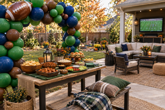 Football balloon garland framing a backyard game-day snack table in October