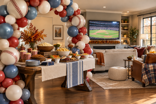 Red, slate blue, and ivory baseball balloon arch beside a watch-party snack table