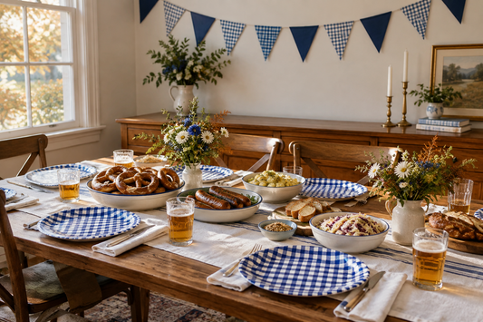 October Oktoberfest party table with blue-and-white gingham plates and coordinating blue bunting