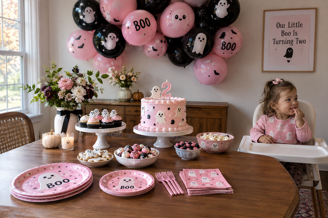Pink ghost second-birthday cake table with coordinated party plates and pink-and-black balloons