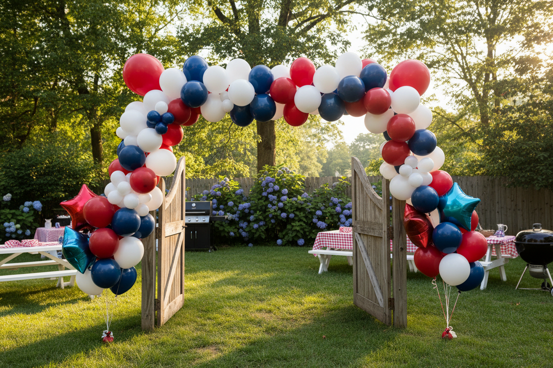 Outdoor Labor Day party decoration setup with red, white, and navy balloon garland arch over a backyard gate entrance