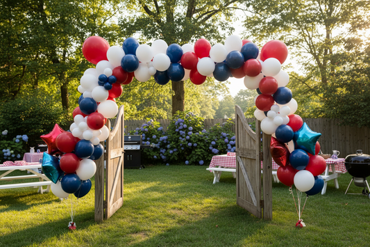 Outdoor Labor Day party decoration setup with red, white, and navy balloon garland arch over a backyard gate entrance