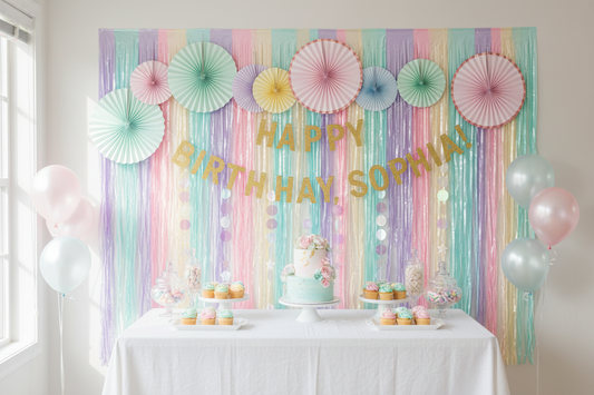 Styled party backdrop with fringe curtain, banner, and paper fans behind a dessert table