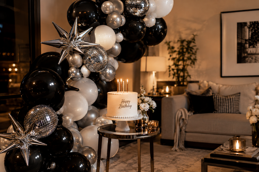 Black, silver, and white balloon garland with disco-style foil accents beside a cake at an adult birthday party.