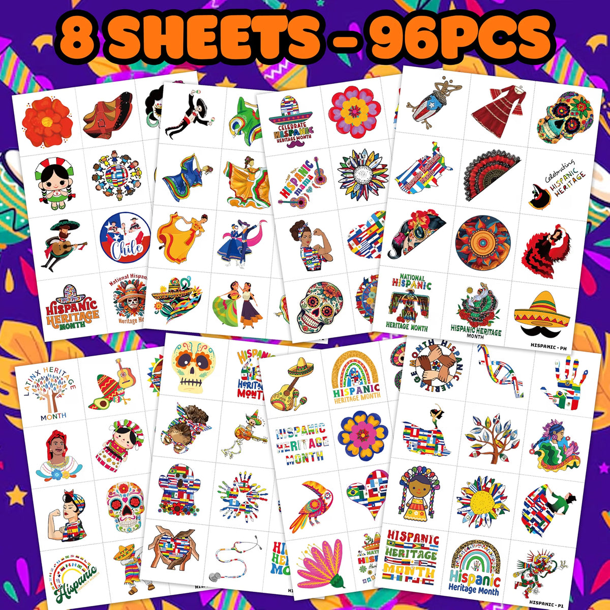 96-Piece Hispanic Heritage Month Temporary Tattoos
