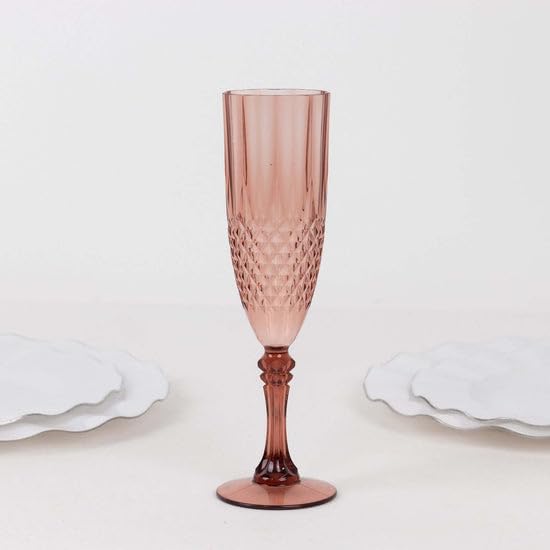 Efavormart 6-Pack Champagne Glasses, 8oz Shatterproof Plastic Crystal Cut Toast Flutes, Dusty Rose for Party Celebration Wedding